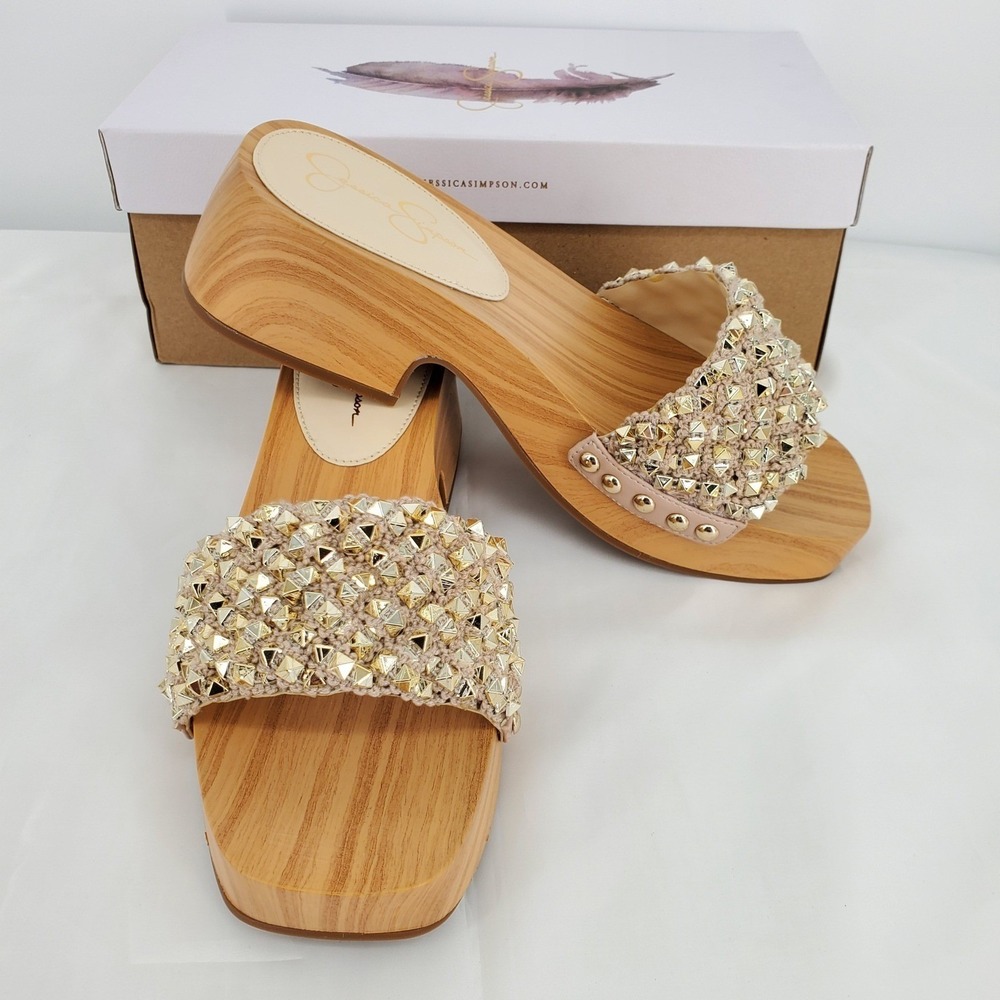 Jessica Simpson JS-RELL Natural Crochet Studded Wood Platform Clog Slides 8M New